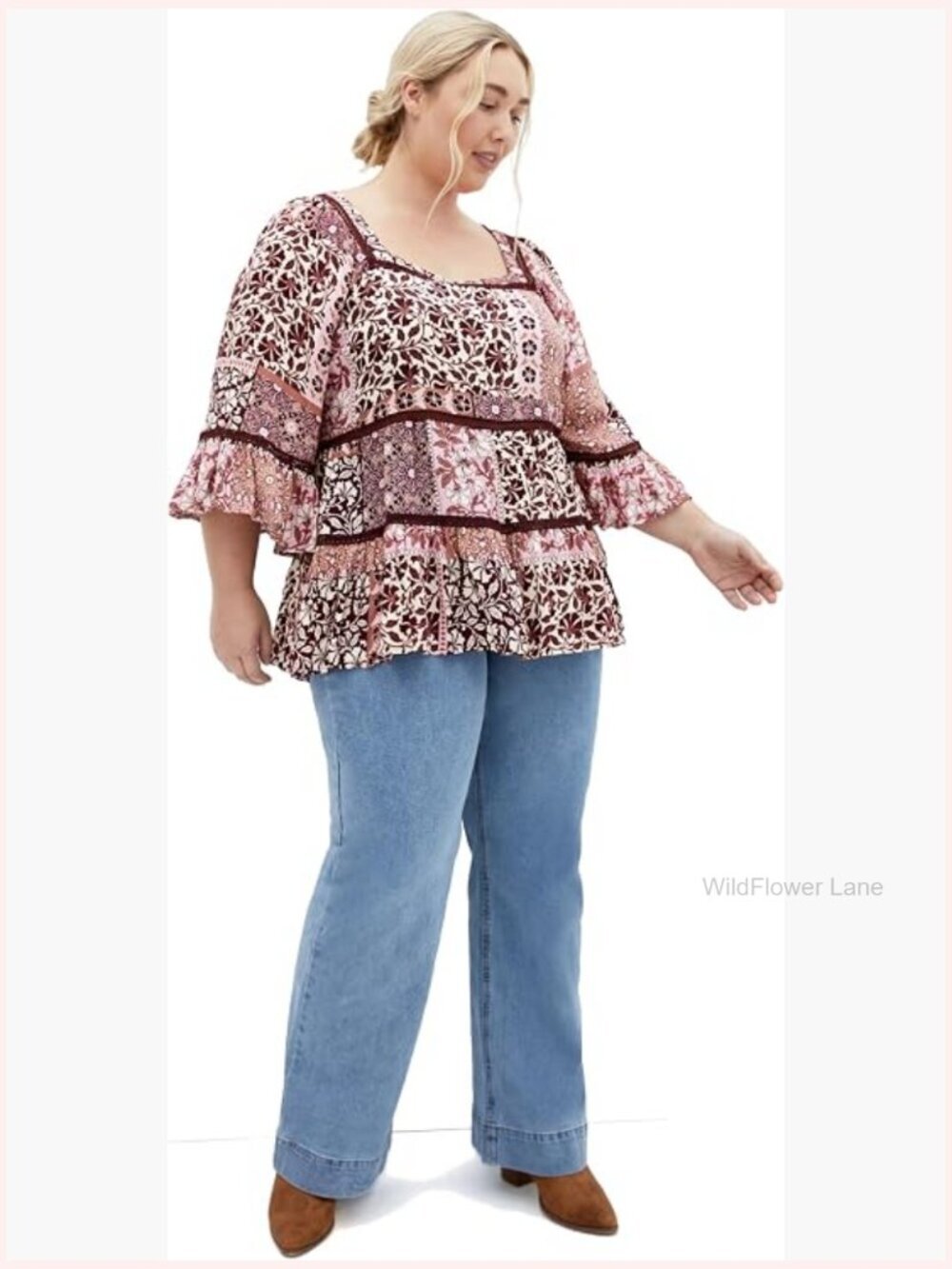 Plus Size Boho Tunic Top Bell Sleeves Embroidery